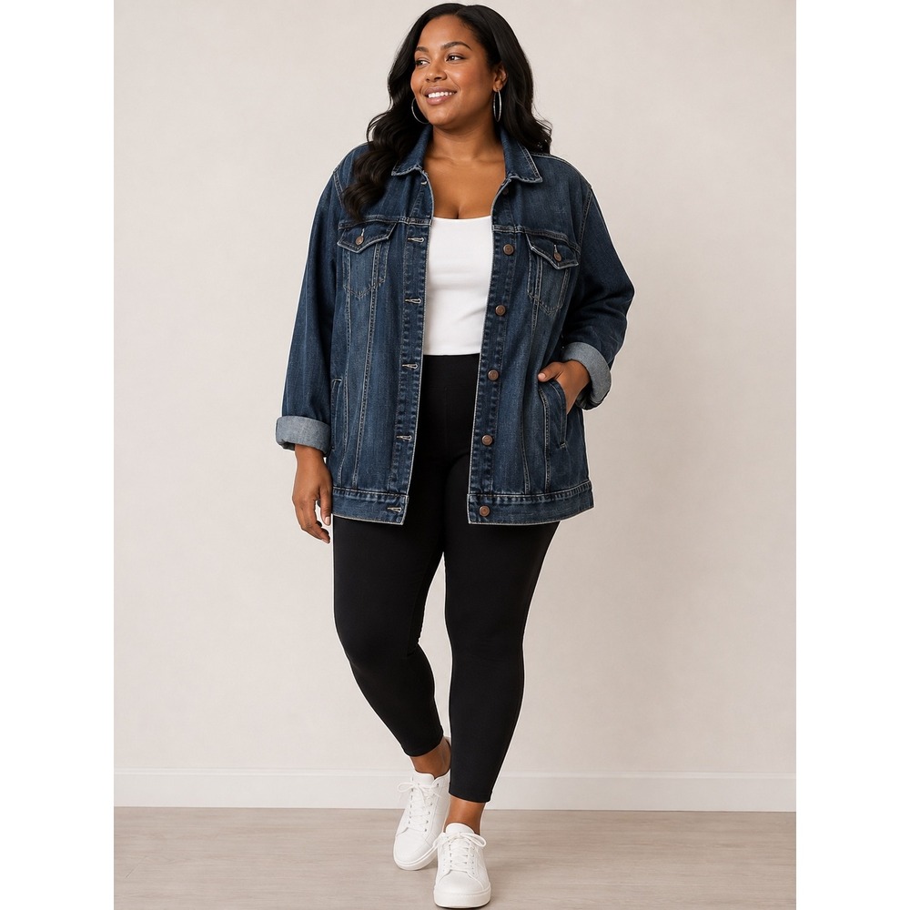 Laurie Felt Classic Denim Jacket Dark Wash Blue Stretch Oversized SZ S/M